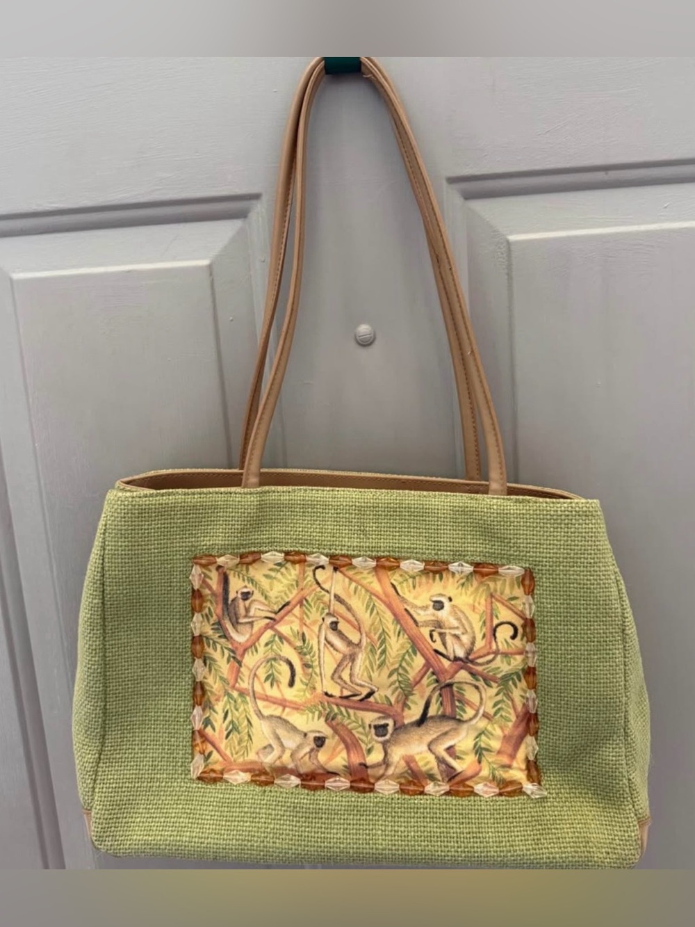 Bruno Green Woven Tote Bag with Monkey Panel